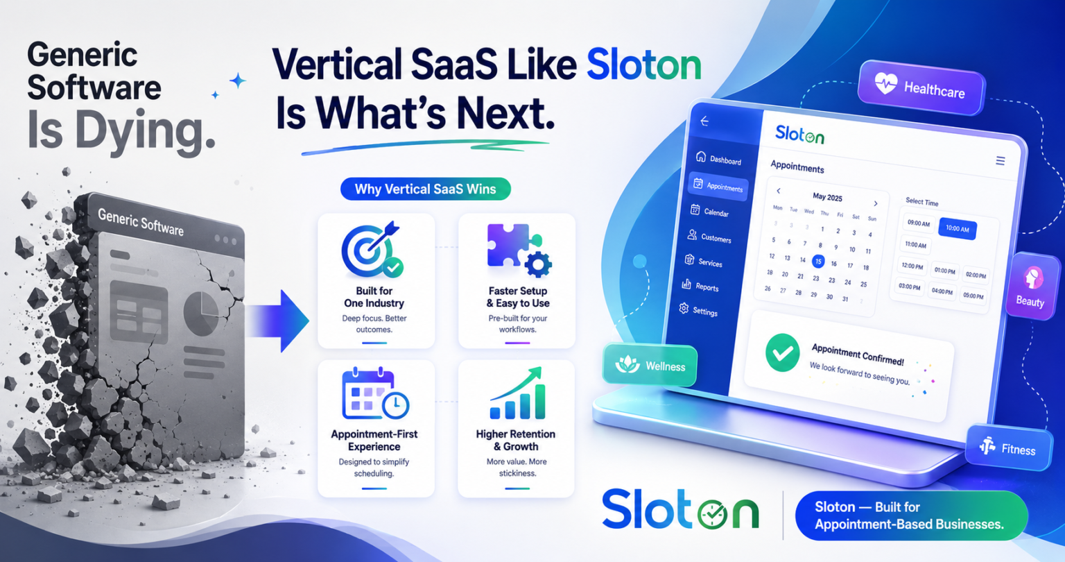 Vertical SaaS infographic showing generic software crumbling next to Sloton's appointment booking dashboard, highlighting benefits like industry-specific design, faster setup, appointment-first experience, and higher retention for healthcare, beauty, wellness, and fitness businesses.