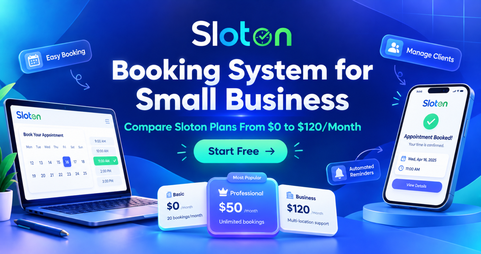Sloton booking system for small businesses with pricing plans from $0 to $120 per month and a Start Free option.
