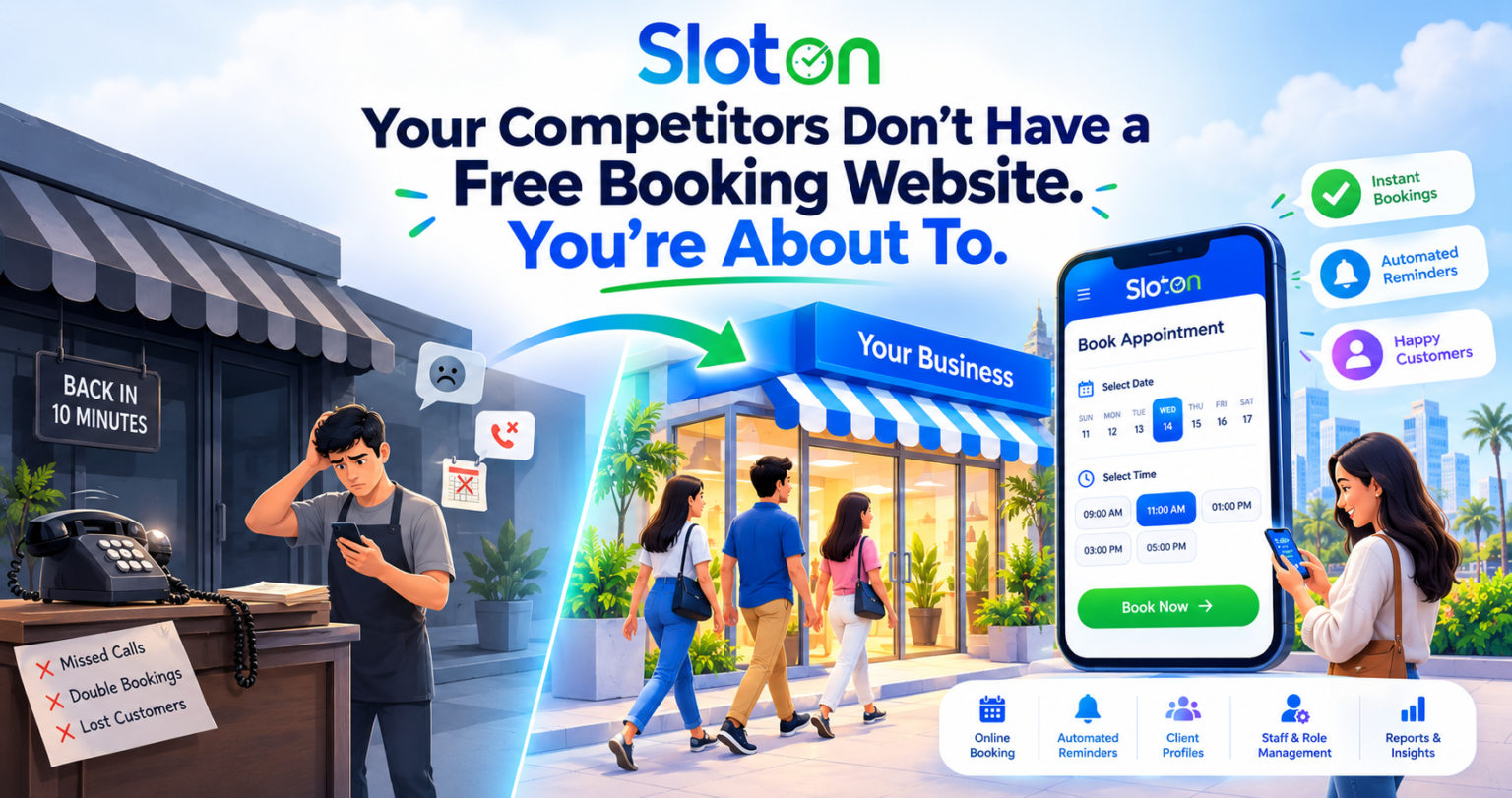 Sloton free booking website showing a modern business storefront, online appointment booking on a smartphone, automated reminders, and happy customers, contrasted with missed calls and manual bookings.