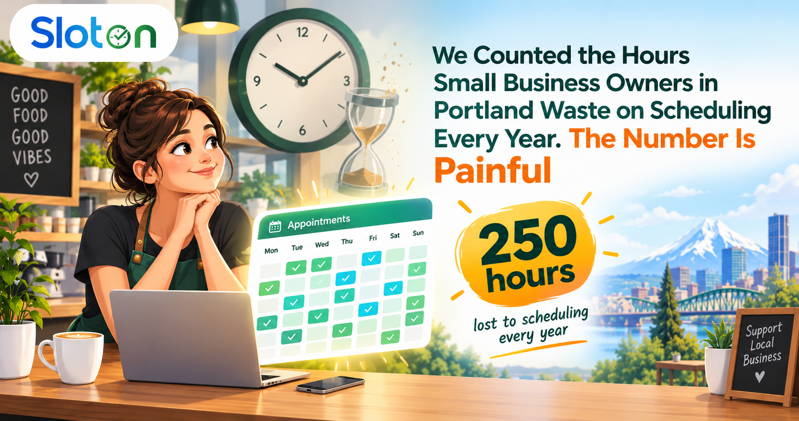 Portland small business owner with Sloton logo, a booking calendar filling with confirmed appointments, and a highlighted 250 hours lost to scheduling each year.